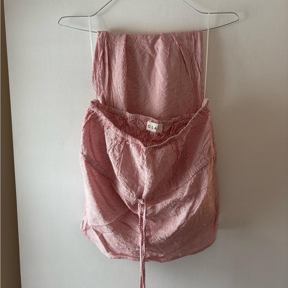 SOLAI Red and White Striped Set- Strapless Top + Linen Pants